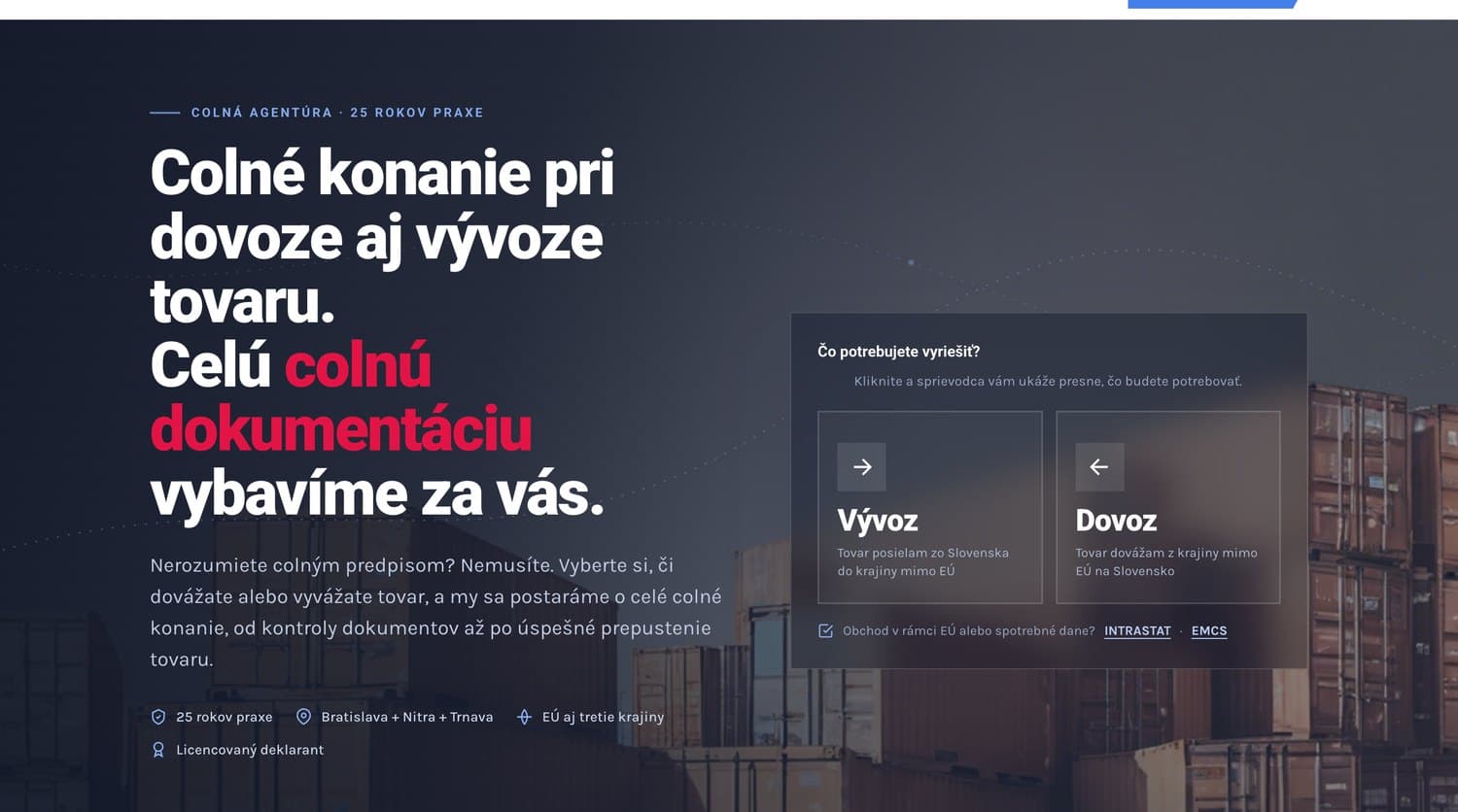 Úvodná stránka firemného webu colnej agentúry