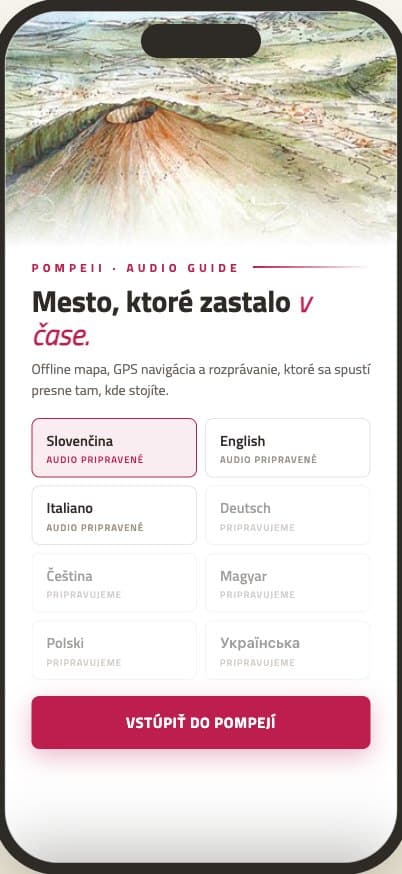 Výber jazyka v aplikácii Pompeii Guide