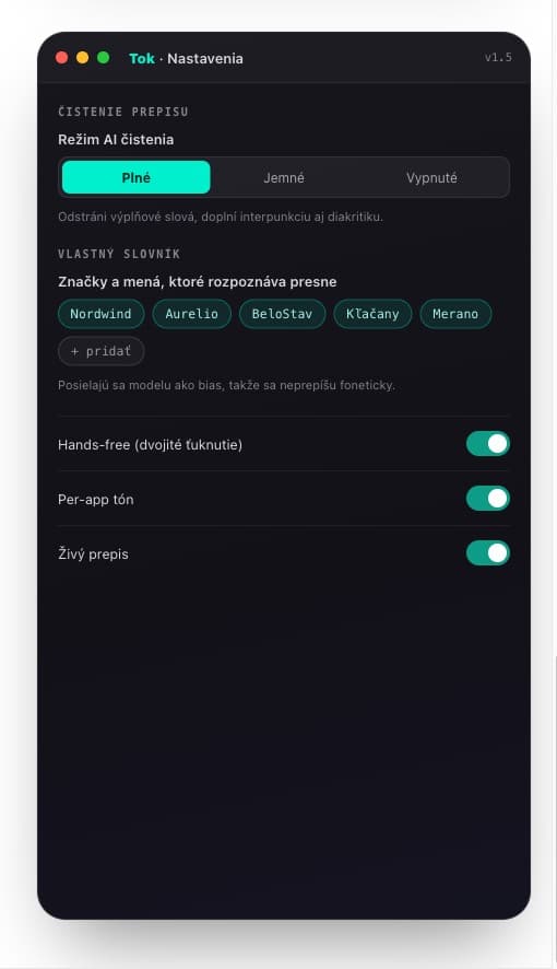 Nastavenia so slovníkom a režimom čistenia